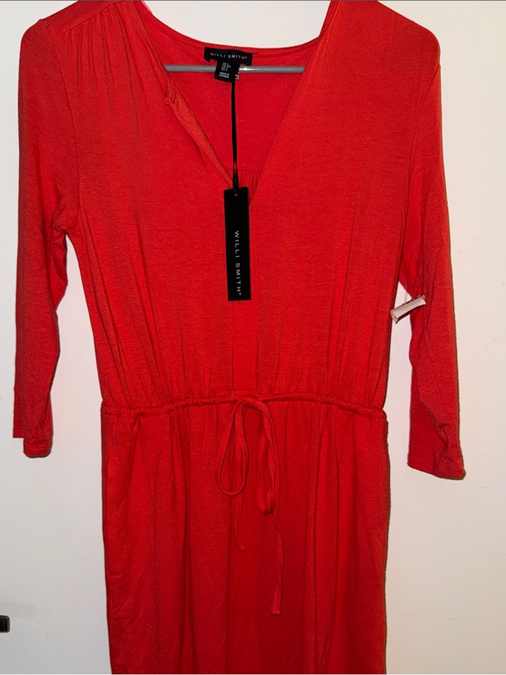 Willi Smith Red V-Neck Drawstring Midi Dress